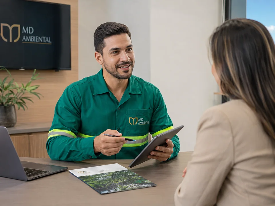 Consultor da MD Ambiental em atendimento personalizado com cliente.