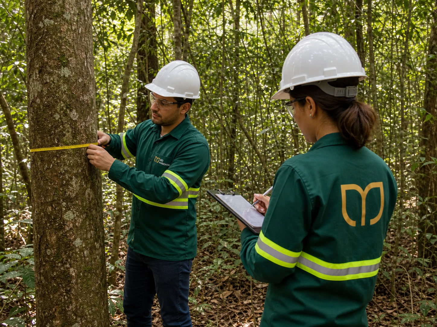 Equipe da MD Ambiental realizando medição de árvore em levantamento de supressão vegetal.